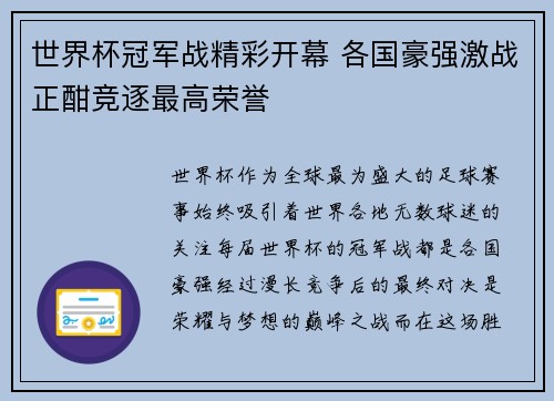 世界杯冠军战精彩开幕 各国豪强激战正酣竞逐最高荣誉