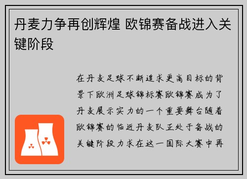 丹麦力争再创辉煌 欧锦赛备战进入关键阶段