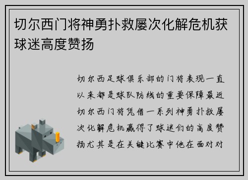 切尔西门将神勇扑救屡次化解危机获球迷高度赞扬