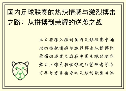 国内足球联赛的热辣情感与激烈搏击之路：从拼搏到荣耀的逆袭之战
