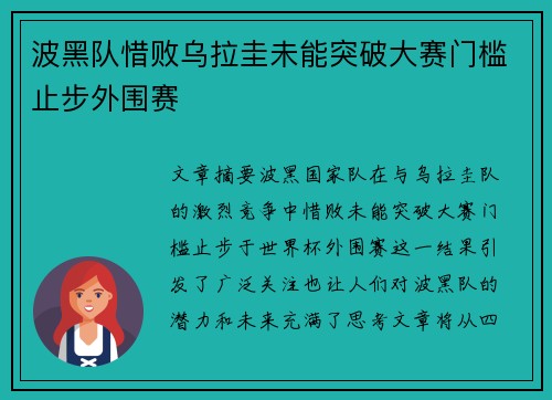波黑队惜败乌拉圭未能突破大赛门槛止步外围赛