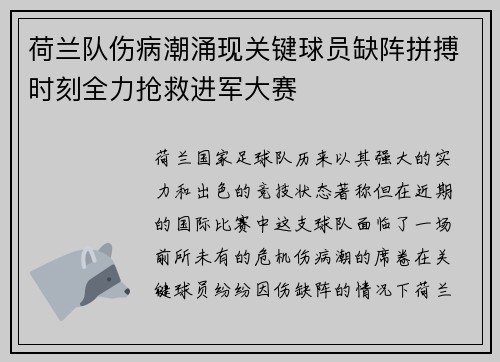 荷兰队伤病潮涌现关键球员缺阵拼搏时刻全力抢救进军大赛 荷兰队伤病潮涌现关键球员缺阵拼搏时刻全力抢救进军大赛