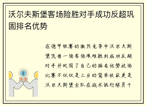 沃尔夫斯堡客场险胜对手成功反超巩固排名优势